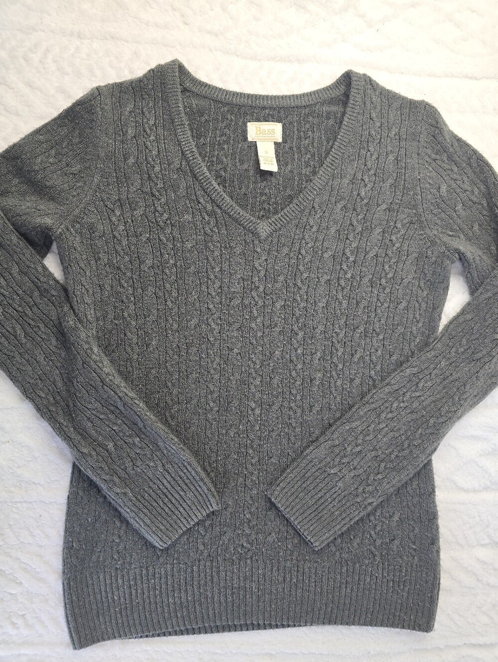 Bass Cable Knit Sweater Gray V-neck Long Sleeve Fitted Classic Preppy S